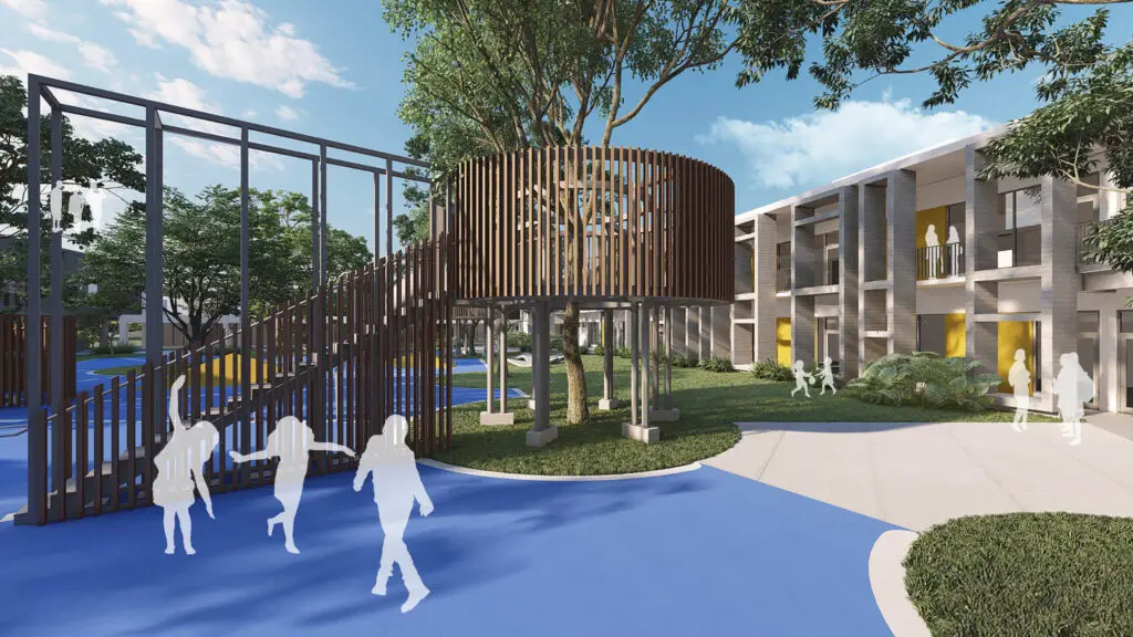 Vimenti exterior, tree pavilion play area